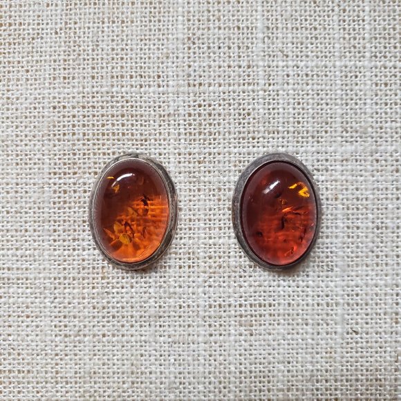 Vintage Baltic Amber and Sterling Oval Post Earrings - Picture 1 of 5